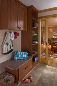 MUDROOM ADDITION PROVIDES INDIVIDUAL DOWNLOAD CUBBIES FOR EACH FAMILY MEMBER.