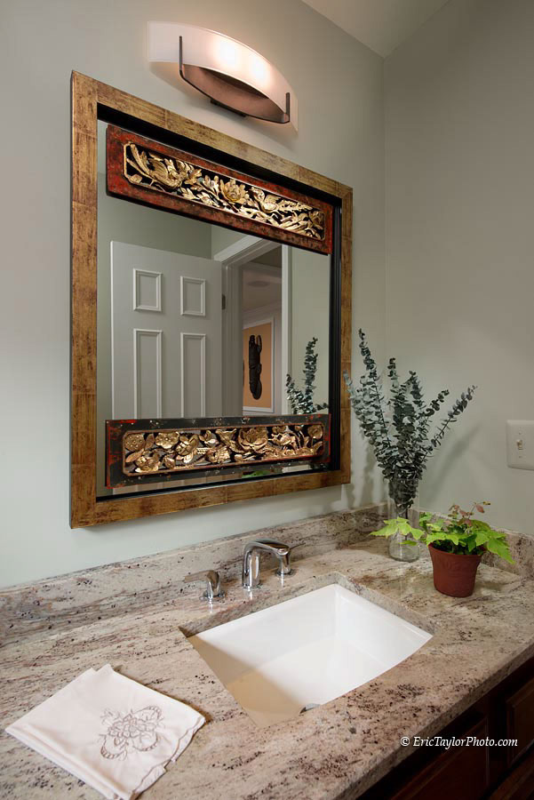 VIEW OF POWDER ROOM VANITY & CUSTOM MIRROR